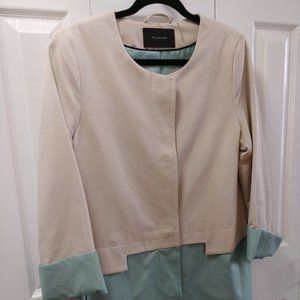 TAHARI Raincoat Mid Length Color Block Beige & Turquoise